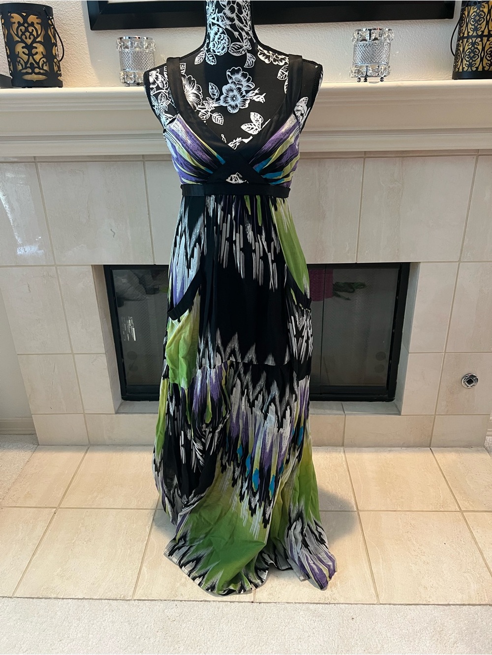 Vintage Bebe Sleeveless V-Neck Black Maxi Dress with Green & Purple Print